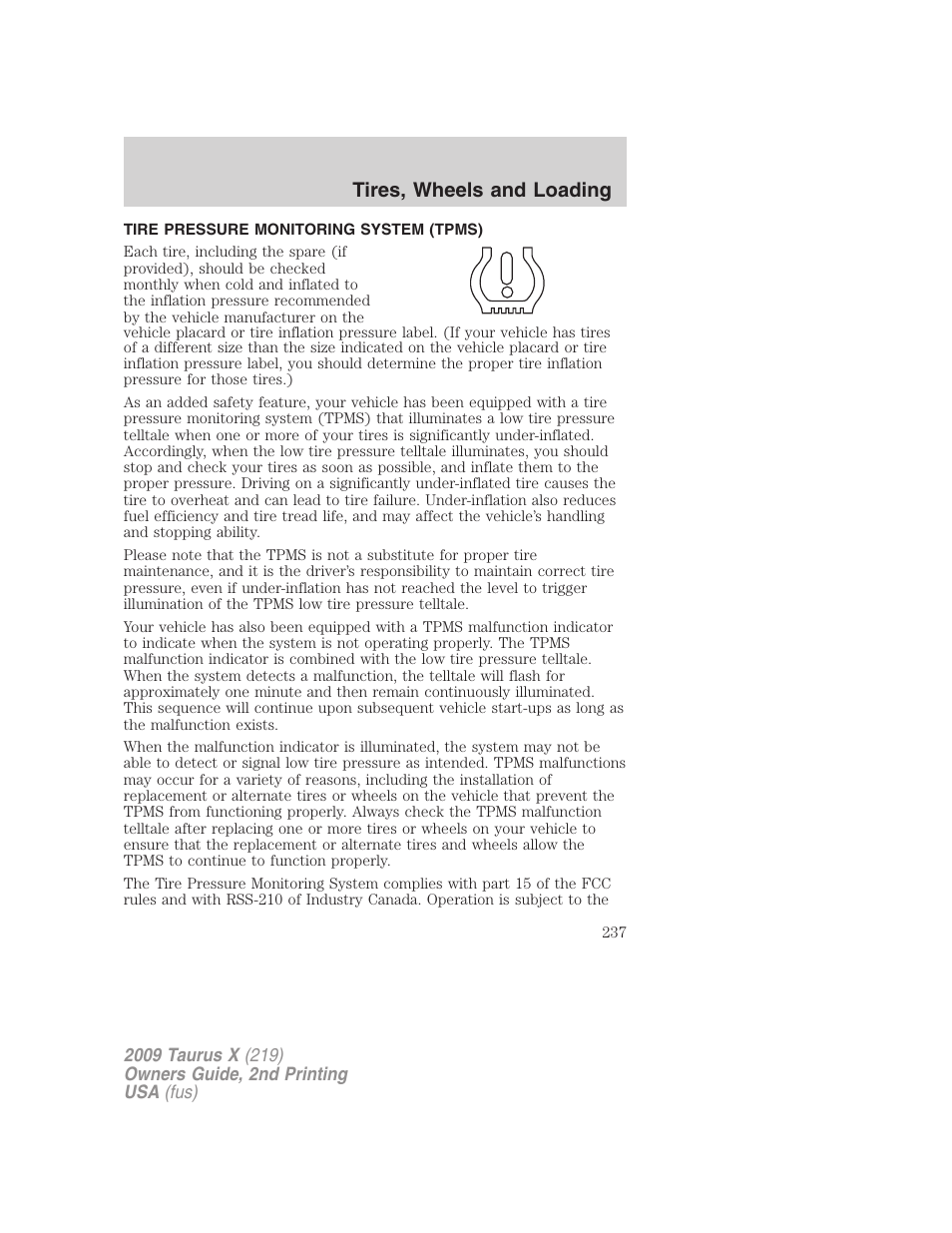Tire pressure monitoring system (tpms), Tires, wheels and loading | FORD 2009 Taurus X v.2 User Manual | Page 237 / 358