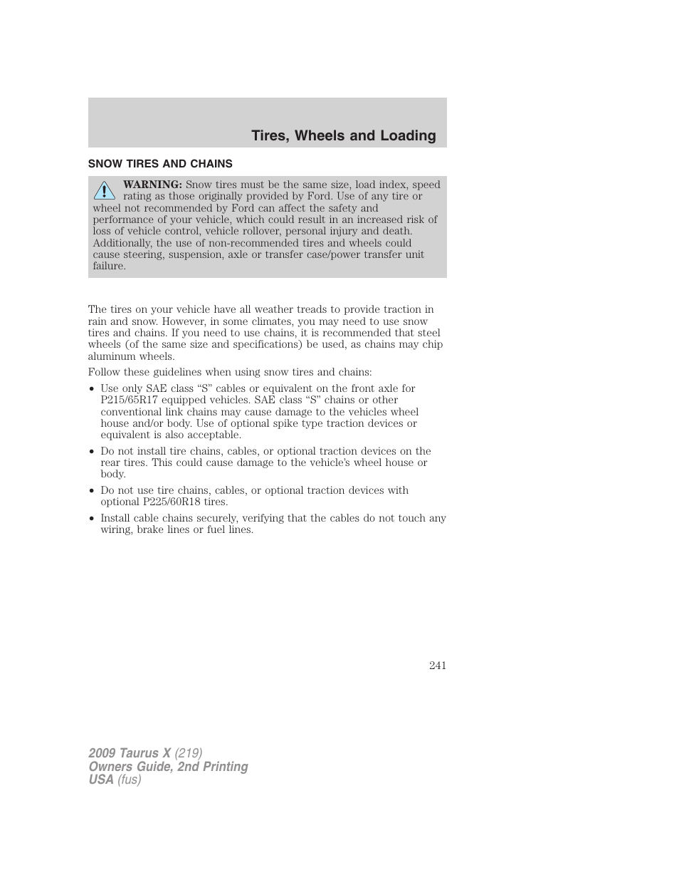 Snow tires and chains, Tires, wheels and loading | FORD 2009 Taurus X v.2 User Manual | Page 241 / 358