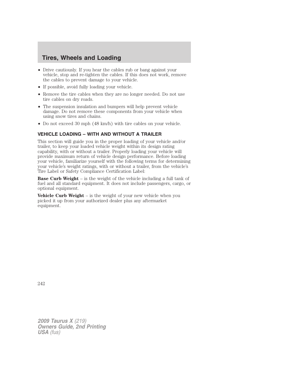 Vehicle loading – with and without a trailer, Vehicle loading, Tires, wheels and loading | FORD 2009 Taurus X v.2 User Manual | Page 242 / 358