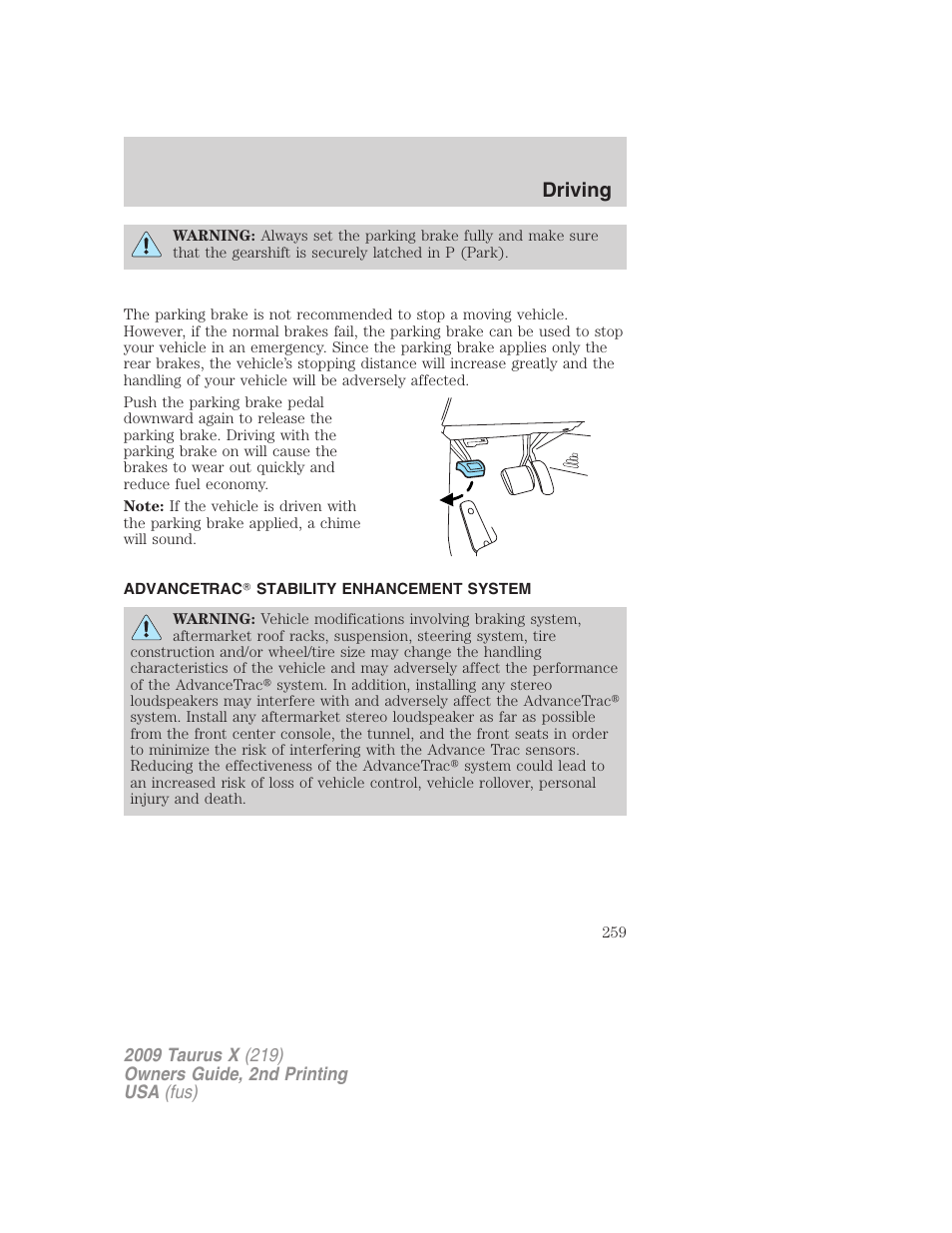 Advancetrac stability enhancement system, Advancetrac, Driving | FORD 2009 Taurus X v.2 User Manual | Page 259 / 358