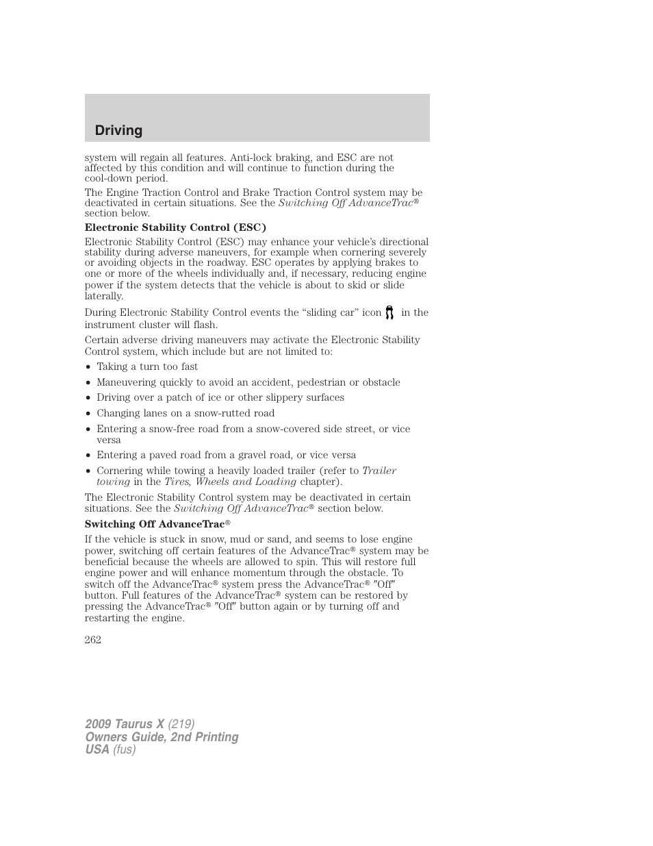 Driving | FORD 2009 Taurus X v.2 User Manual | Page 262 / 358