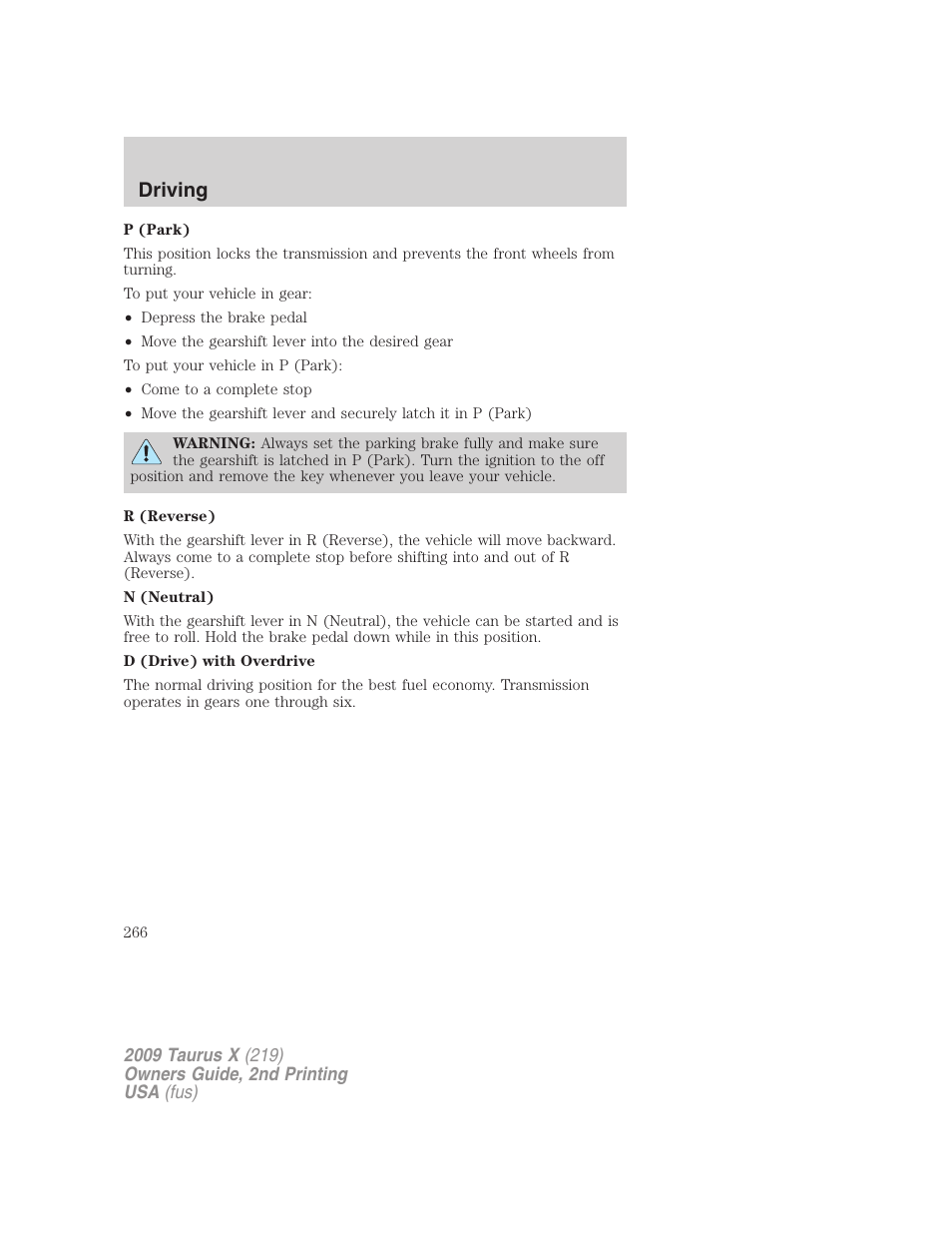 Driving | FORD 2009 Taurus X v.2 User Manual | Page 266 / 358