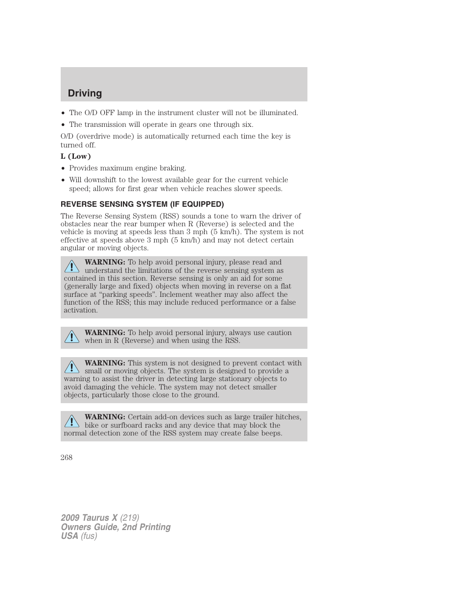 Reverse sensing system (if equipped), Reverse sensing system, Driving | FORD 2009 Taurus X v.2 User Manual | Page 268 / 358