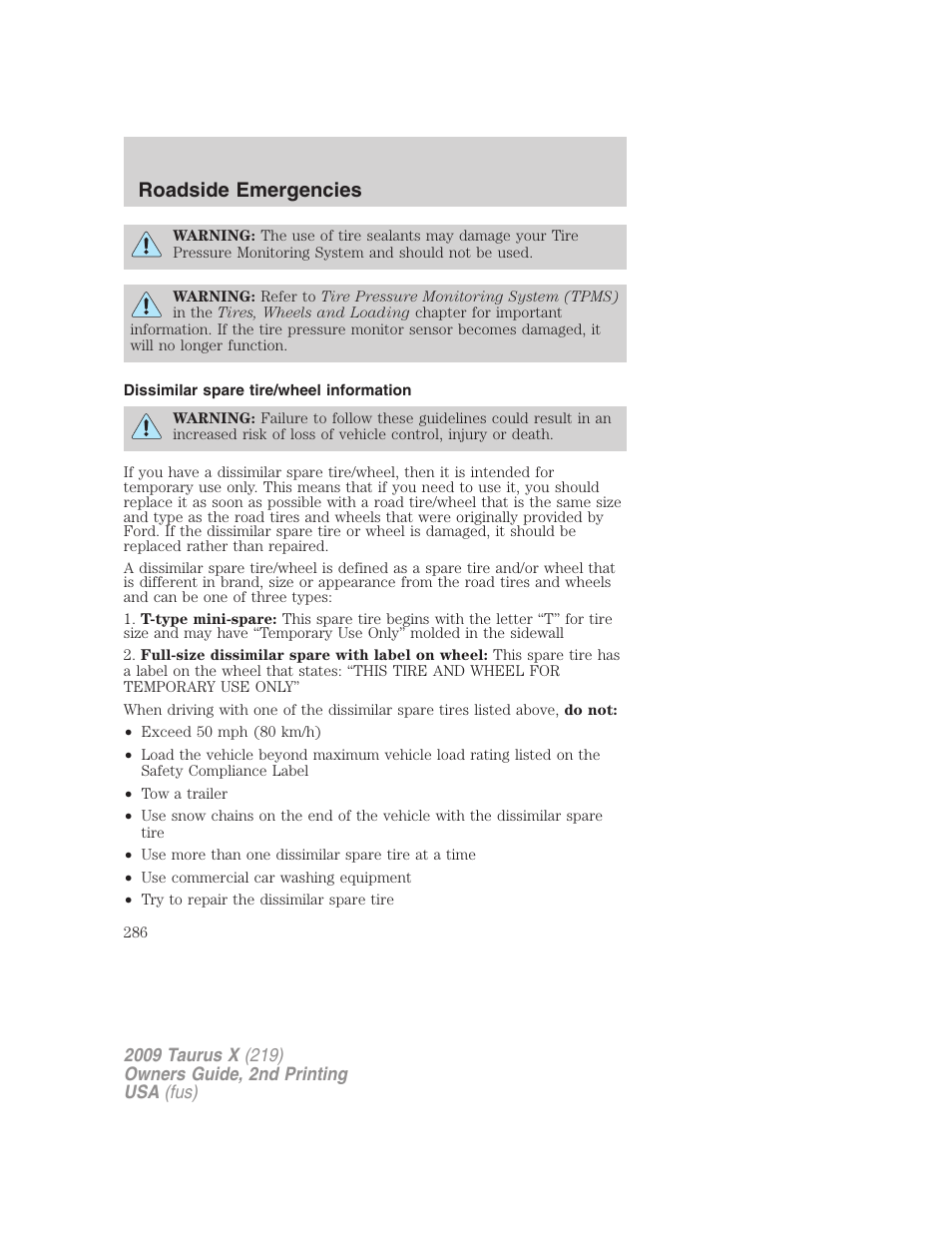 Dissimilar spare tire/wheel information, Roadside emergencies | FORD 2009 Taurus X v.2 User Manual | Page 286 / 358