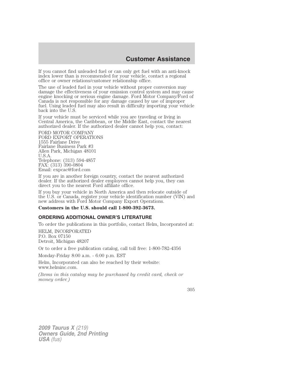 Ordering additional owner’s literature, Customer assistance | FORD 2009 Taurus X v.2 User Manual | Page 305 / 358