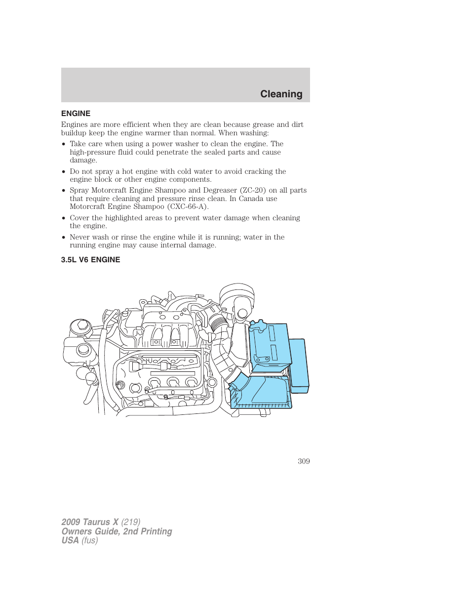 Engine, 5l v6 engine, Cleaning | FORD 2009 Taurus X v.2 User Manual | Page 309 / 358