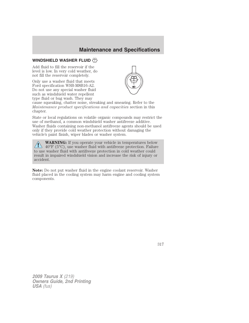 Windshield washer fluid, Maintenance and specifications | FORD 2009 Taurus X v.2 User Manual | Page 317 / 358