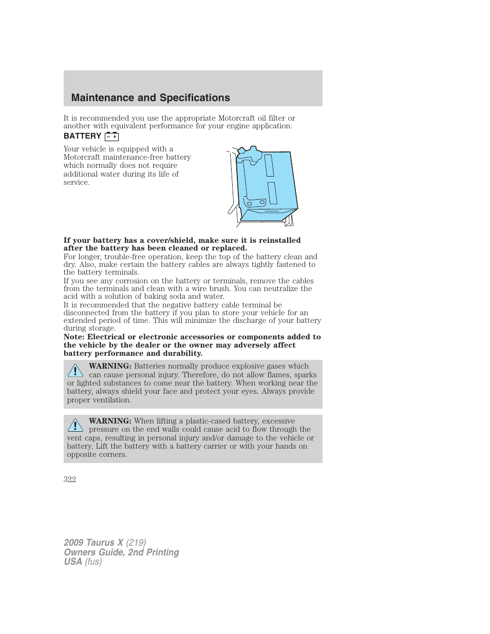 Battery, Maintenance and specifications | FORD 2009 Taurus X v.2 User Manual | Page 322 / 358