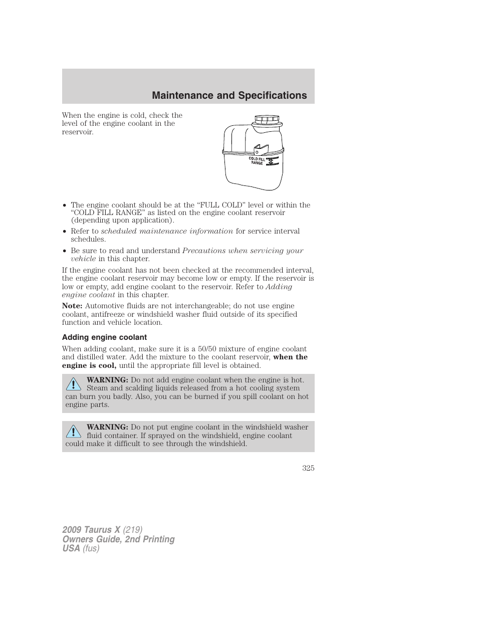 Adding engine coolant, Maintenance and specifications | FORD 2009 Taurus X v.2 User Manual | Page 325 / 358