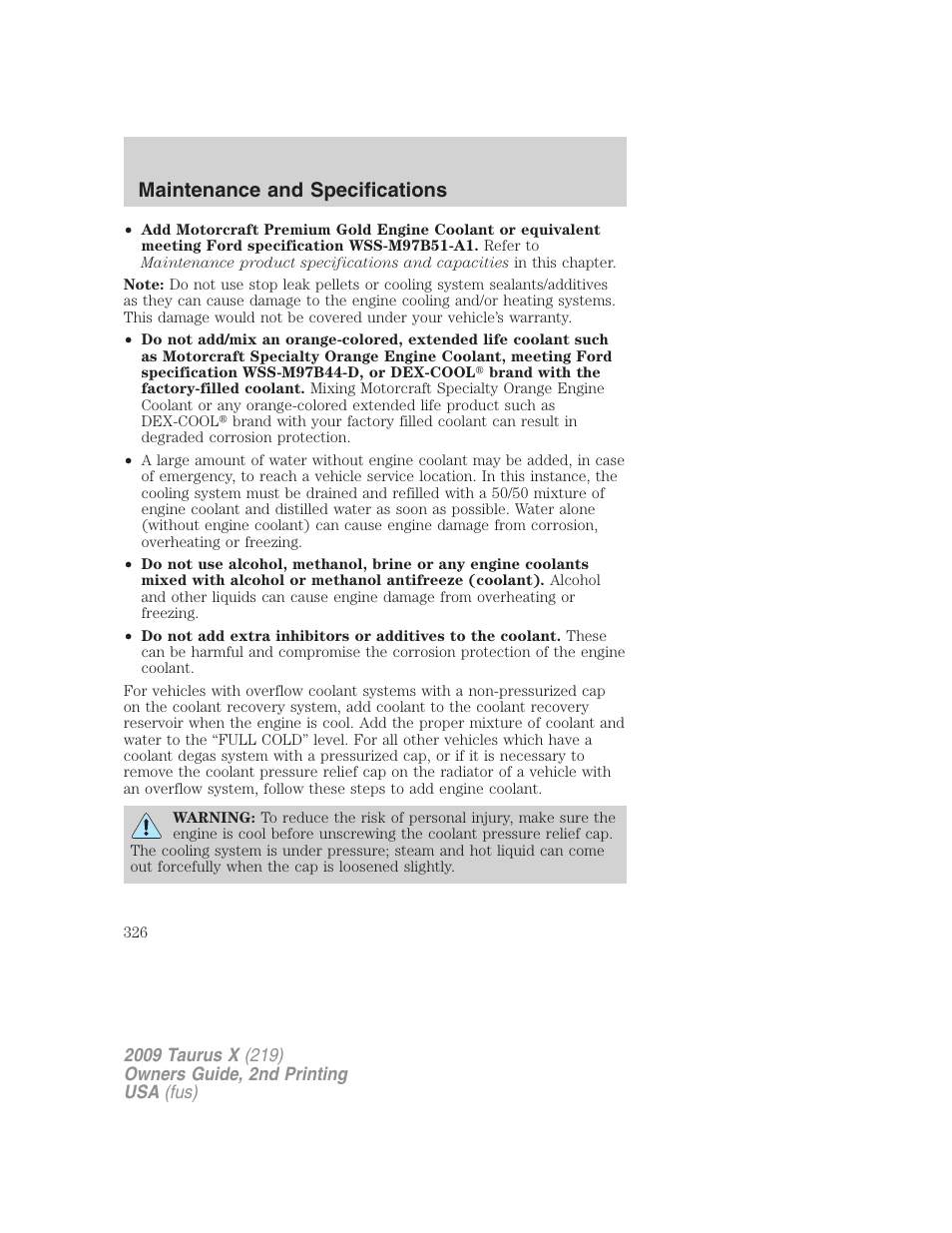 Maintenance and specifications | FORD 2009 Taurus X v.2 User Manual | Page 326 / 358