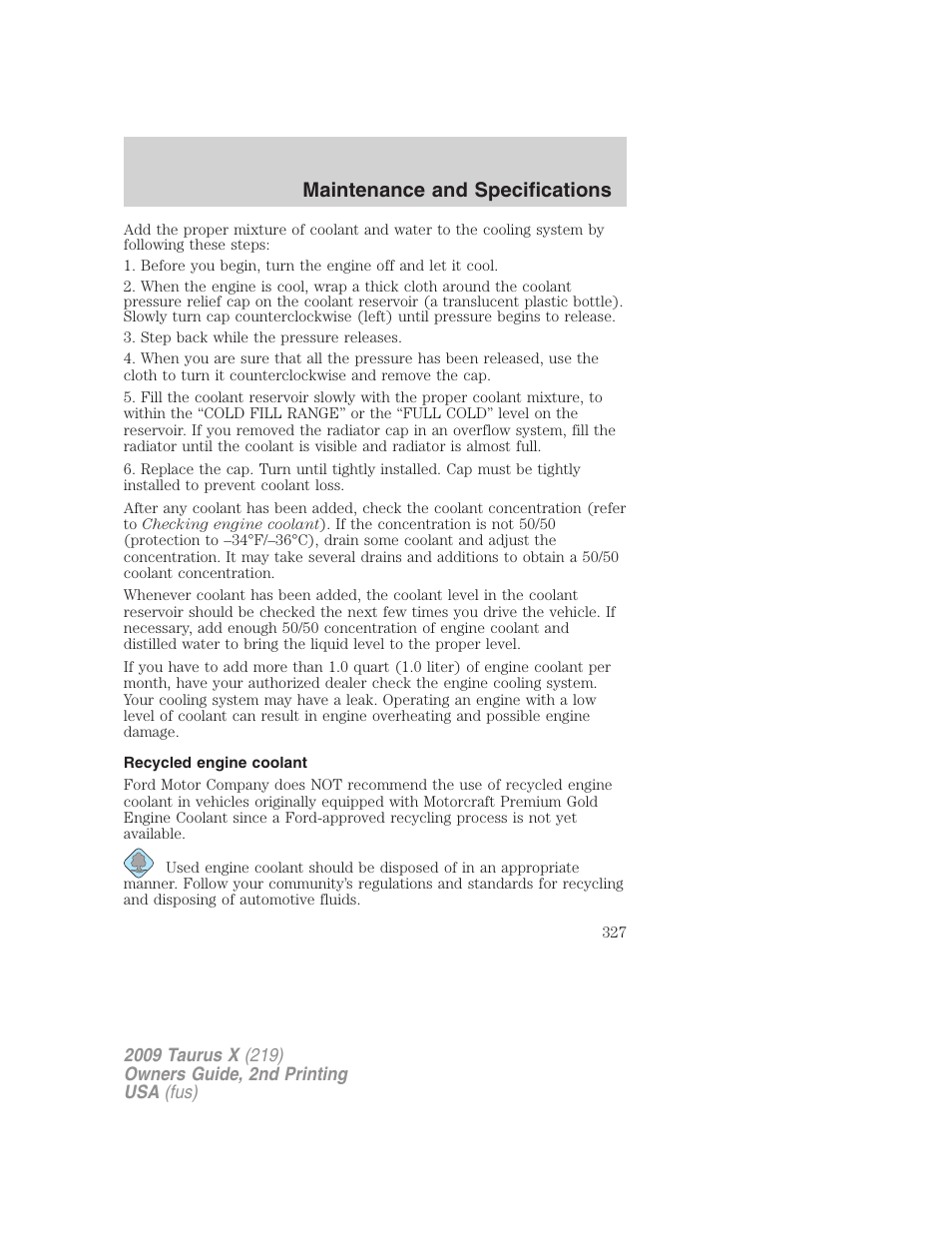 Recycled engine coolant, Maintenance and specifications | FORD 2009 Taurus X v.2 User Manual | Page 327 / 358