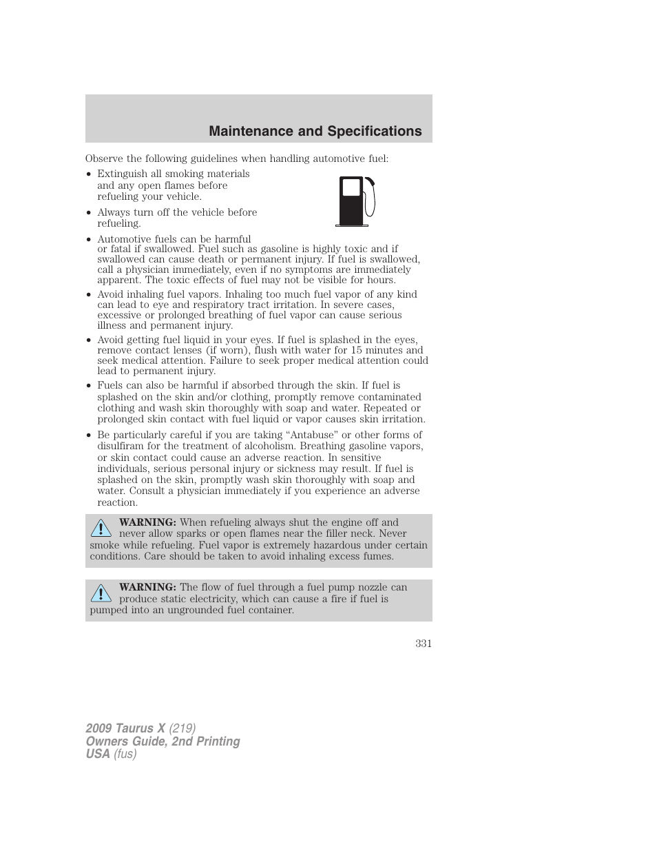 Maintenance and specifications | FORD 2009 Taurus X v.2 User Manual | Page 331 / 358