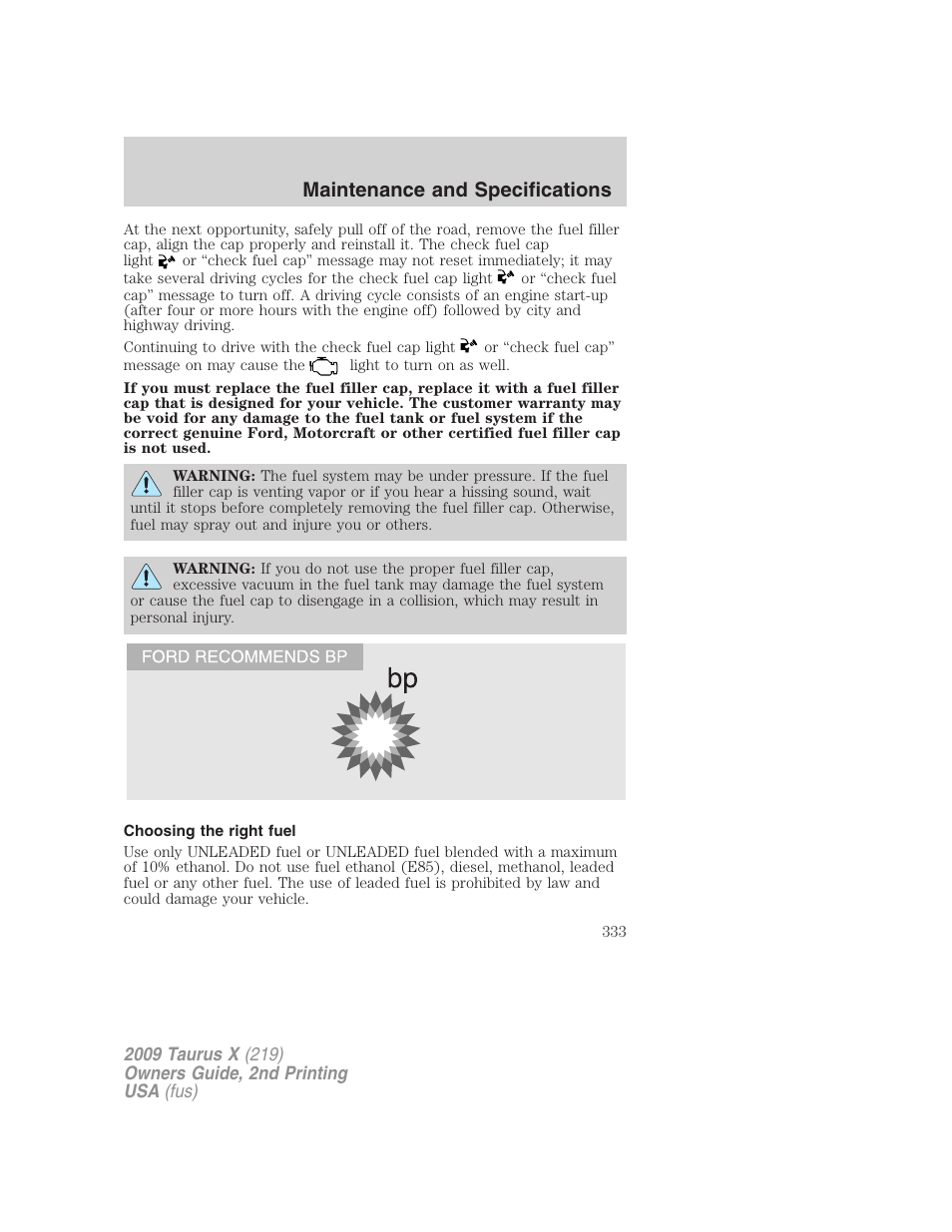 Choosing the right fuel, Maintenance and specifications | FORD 2009 Taurus X v.2 User Manual | Page 333 / 358