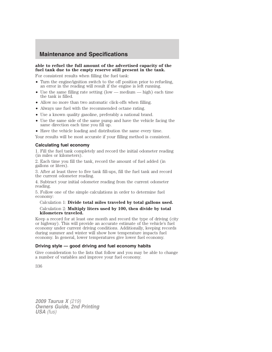 Calculating fuel economy, Maintenance and specifications | FORD 2009 Taurus X v.2 User Manual | Page 336 / 358