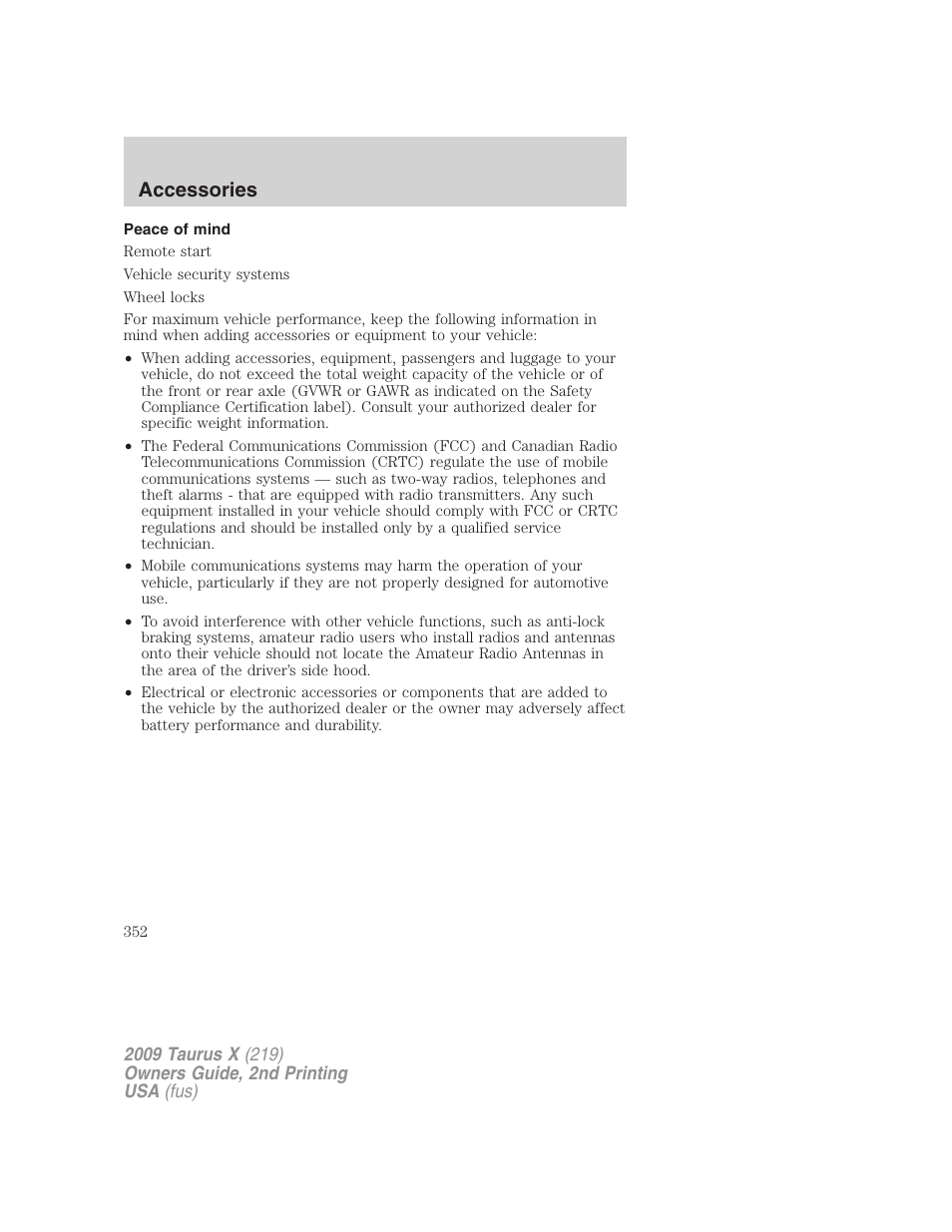 Peace of mind, Accessories | FORD 2009 Taurus X v.2 User Manual | Page 352 / 358