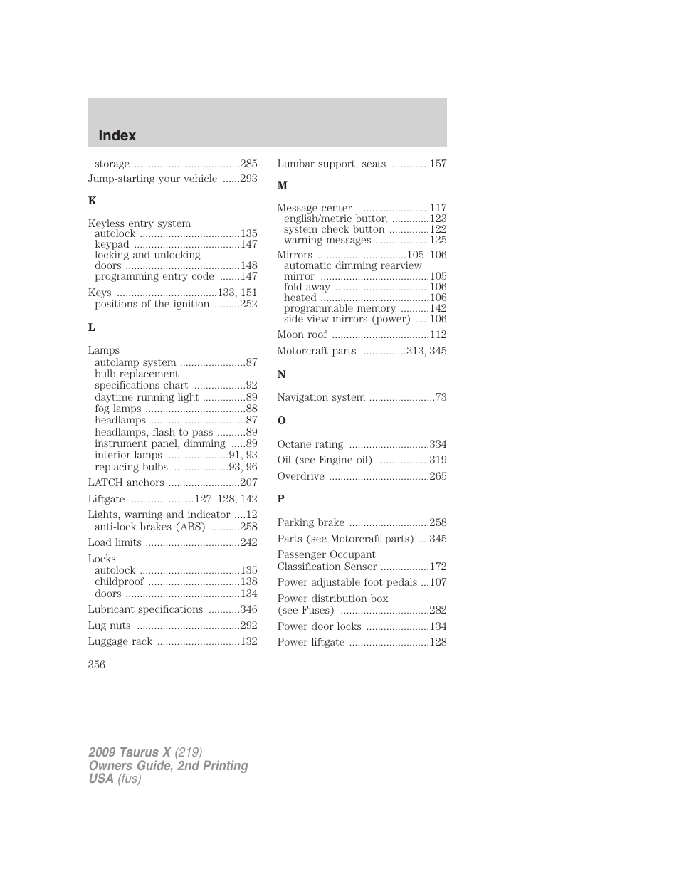 Index | FORD 2009 Taurus X v.2 User Manual | Page 356 / 358