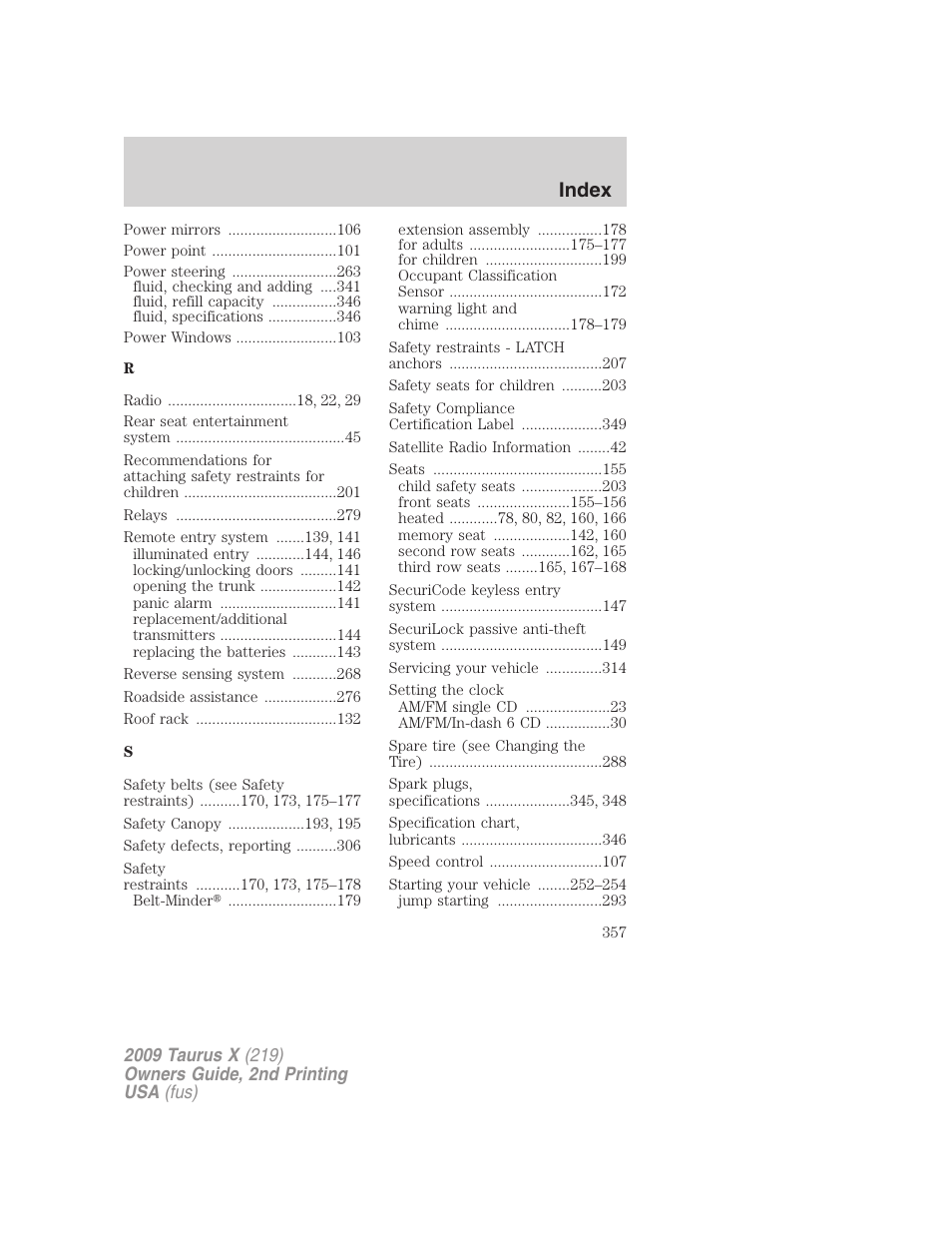 Index | FORD 2009 Taurus X v.2 User Manual | Page 357 / 358