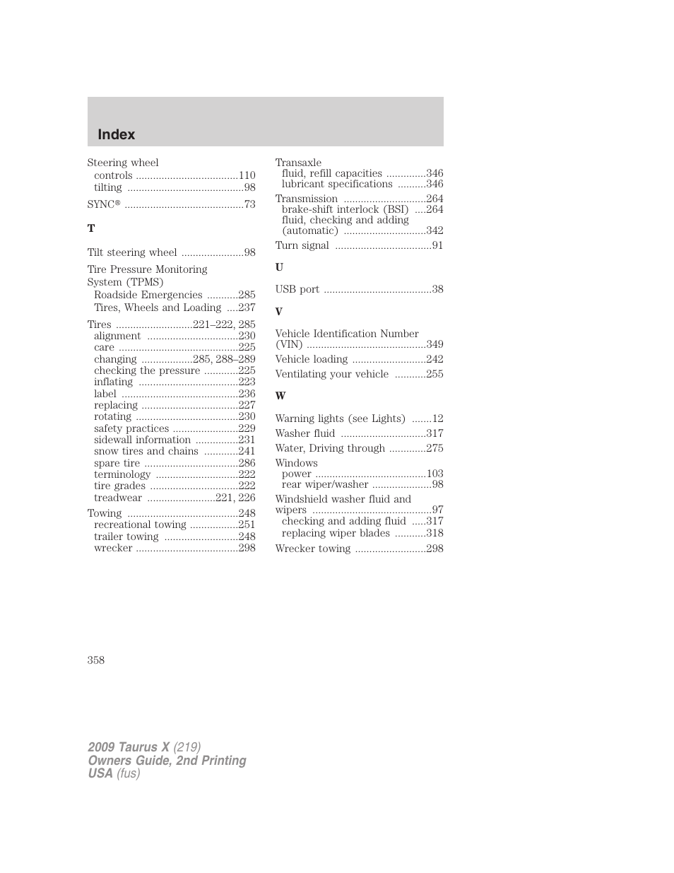 Index | FORD 2009 Taurus X v.2 User Manual | Page 358 / 358