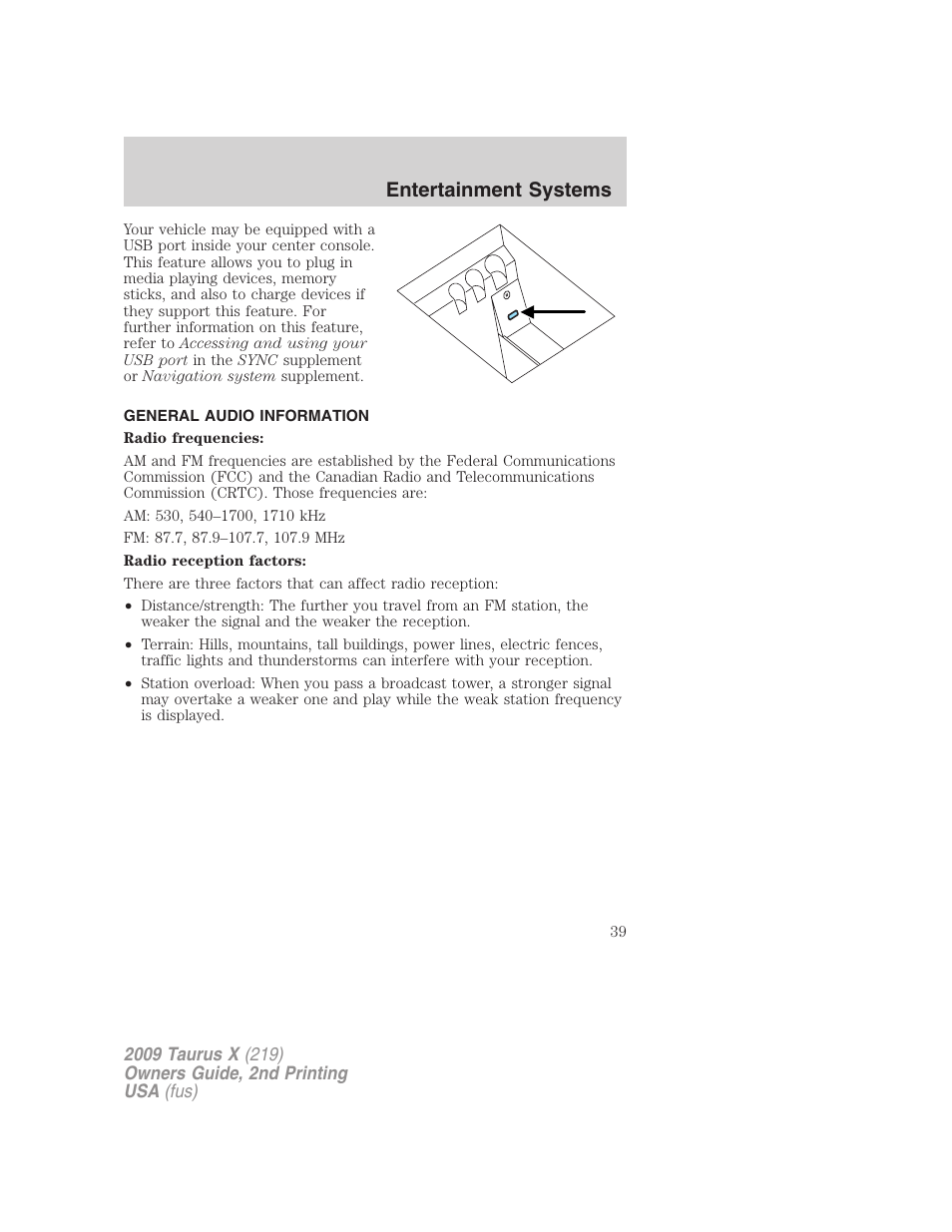 General audio information, Entertainment systems | FORD 2009 Taurus X v.2 User Manual | Page 39 / 358