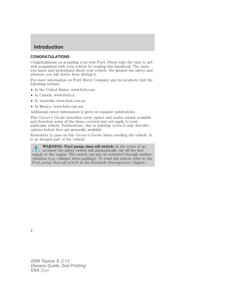 Introduction, Congratulations | FORD 2009 Taurus X v.2 User Manual | Page 4 / 358