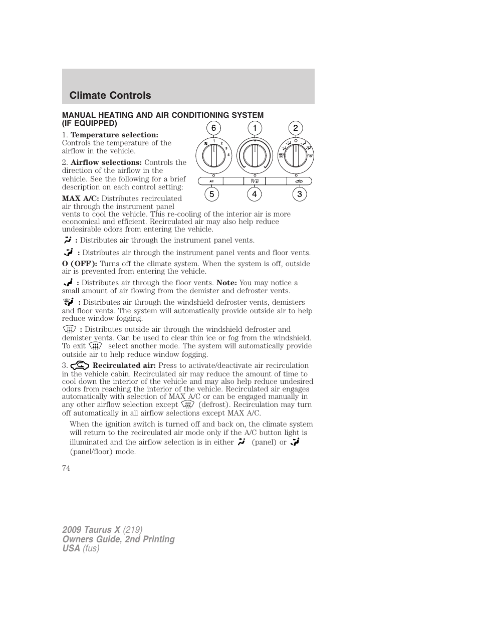 Climate controls, Manual heating and air conditioning | FORD 2009 Taurus X v.2 User Manual | Page 74 / 358