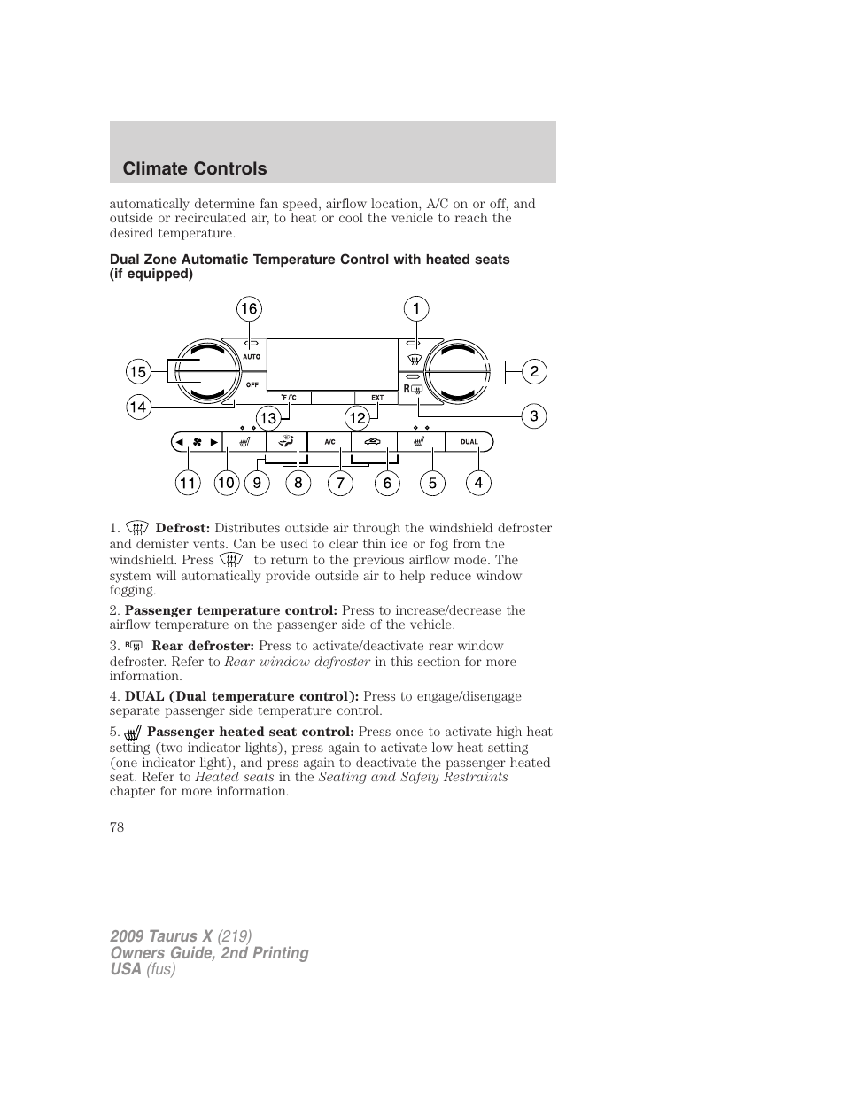 Climate controls | FORD 2009 Taurus X v.2 User Manual | Page 78 / 358