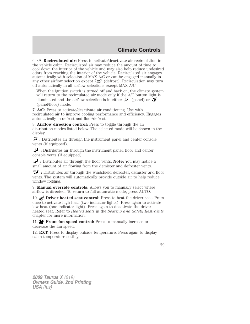 Climate controls | FORD 2009 Taurus X v.2 User Manual | Page 79 / 358