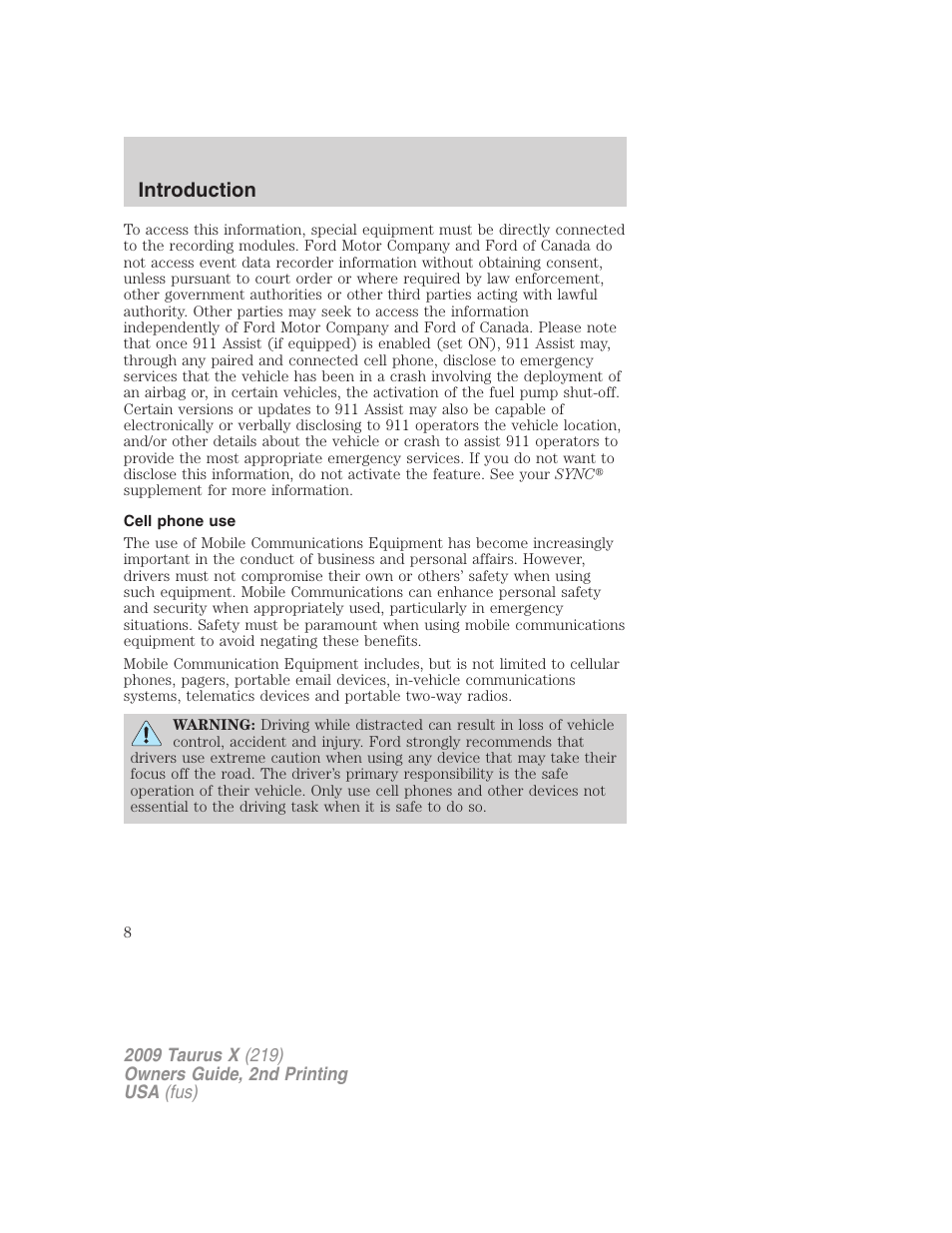 Cell phone use, Introduction | FORD 2009 Taurus X v.2 User Manual | Page 8 / 358