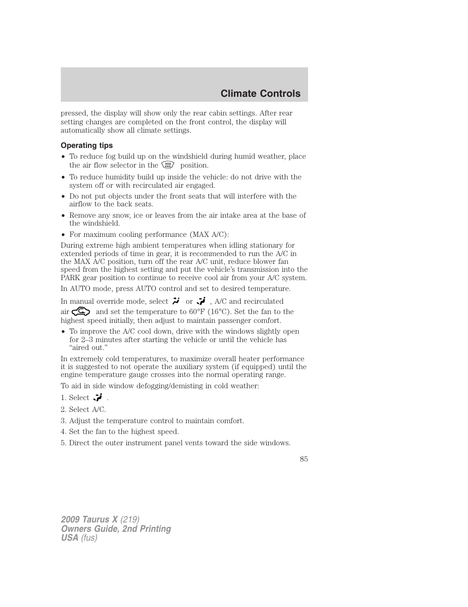 Operating tips, Climate controls | FORD 2009 Taurus X v.2 User Manual | Page 85 / 358