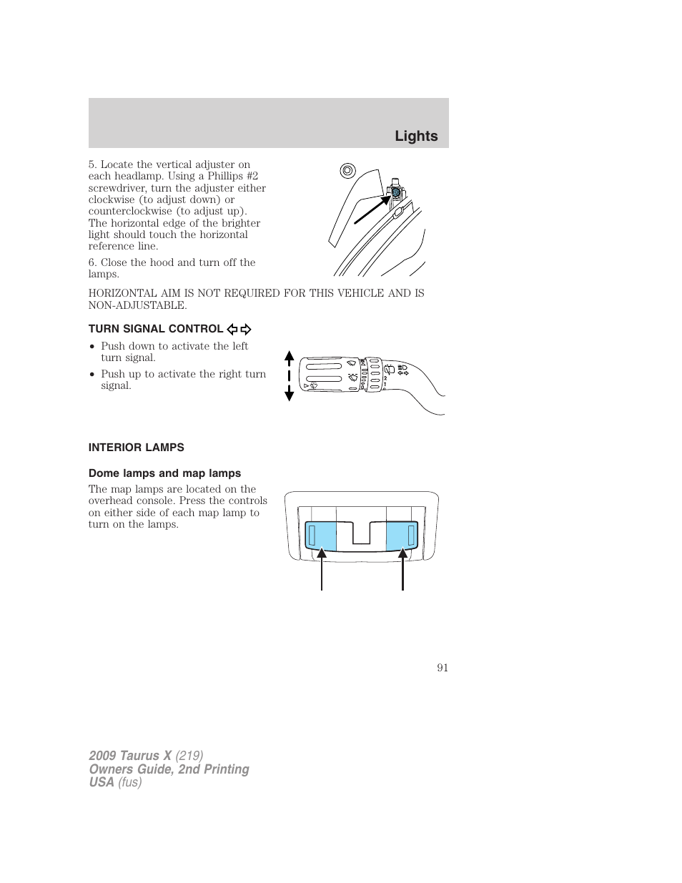 Turn signal control, Interior lamps, Dome lamps and map lamps | Lights | FORD 2009 Taurus X v.2 User Manual | Page 91 / 358
