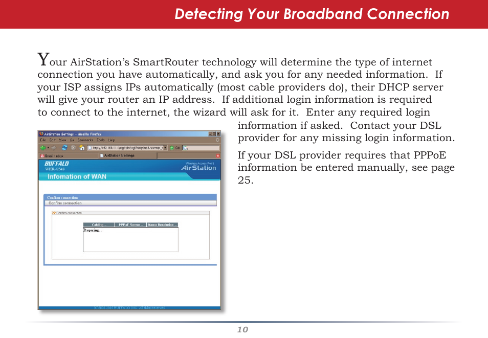 Detecting your broadband connection | Buffalo Technology Buffalo AirStation WHR-HP-G54 User Manual | Page 10 / 91