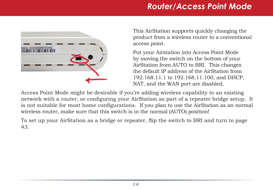 Router/access point mode | Buffalo Technology Buffalo AirStation WHR-HP-G54 User Manual | Page 14 / 91