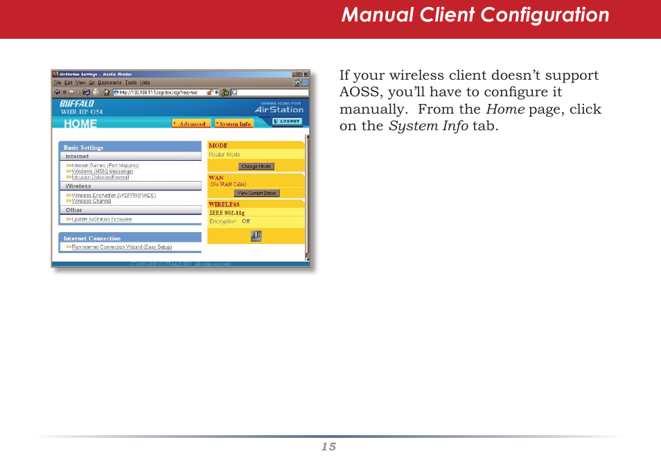 Manual client configuration | Buffalo Technology Buffalo AirStation WHR-HP-G54 User Manual | Page 15 / 91