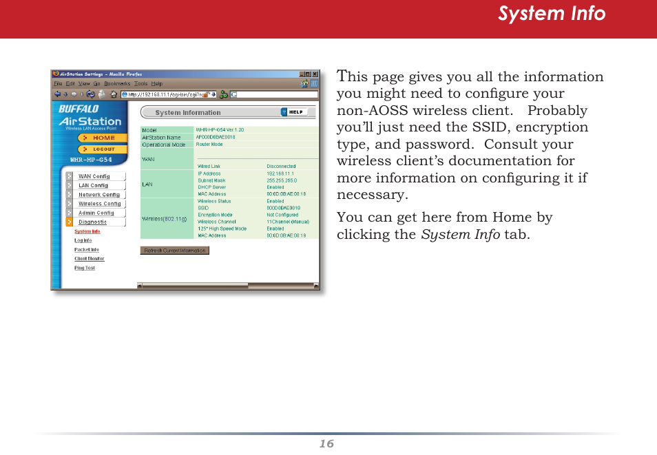 System info | Buffalo Technology Buffalo AirStation WHR-HP-G54 User Manual | Page 16 / 91
