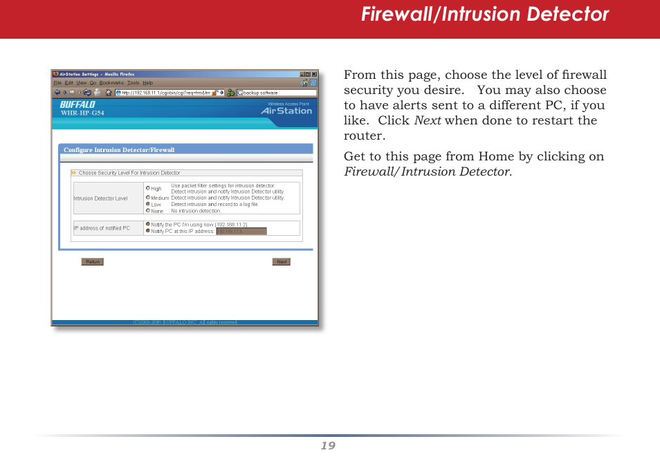 Firewall/intrusion detector | Buffalo Technology Buffalo AirStation WHR-HP-G54 User Manual | Page 19 / 91