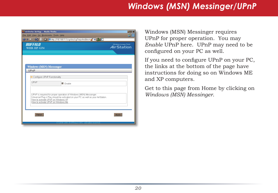 Windows (msn) messinger/upnp | Buffalo Technology Buffalo AirStation WHR-HP-G54 User Manual | Page 20 / 91