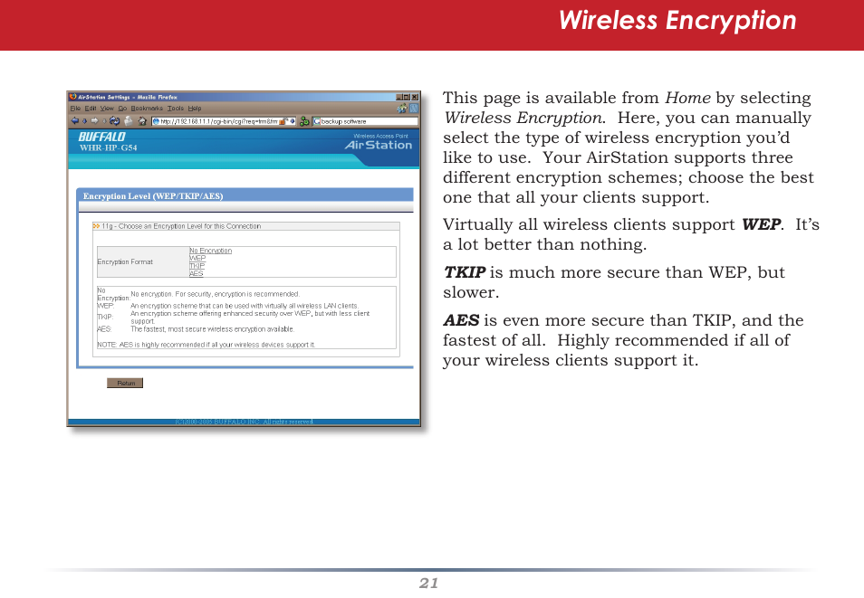 Wireless encryption | Buffalo Technology Buffalo AirStation WHR-HP-G54 User Manual | Page 21 / 91