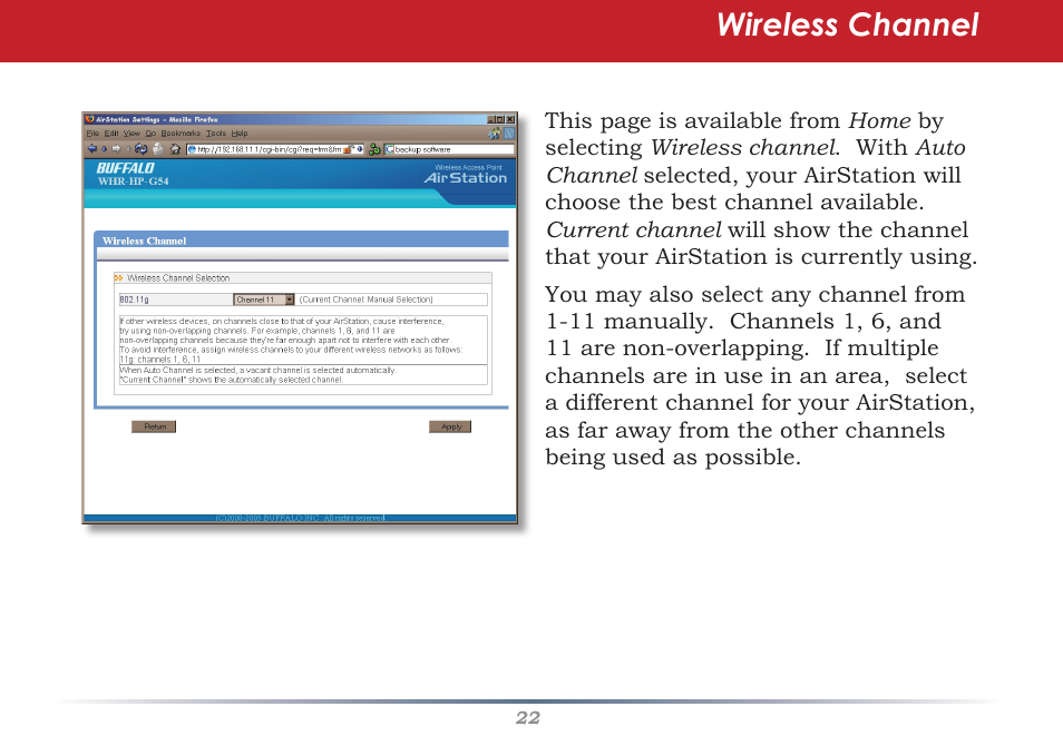 Wireless channel | Buffalo Technology Buffalo AirStation WHR-HP-G54 User Manual | Page 22 / 91