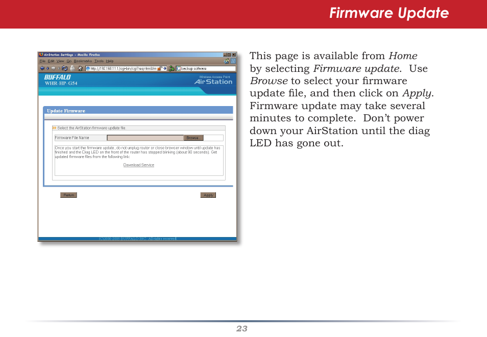Firmware update | Buffalo Technology Buffalo AirStation WHR-HP-G54 User Manual | Page 23 / 91
