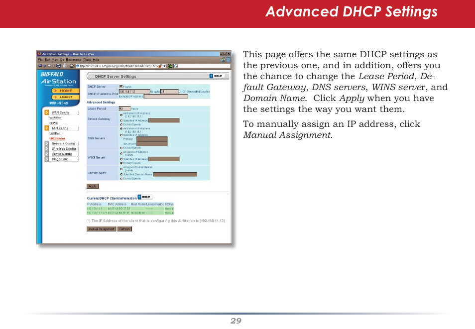 Advanced dhcp settings | Buffalo Technology Buffalo AirStation WHR-HP-G54 User Manual | Page 29 / 91
