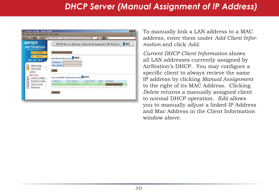 Dhcp server (manual assignment of ip address) | Buffalo Technology Buffalo AirStation WHR-HP-G54 User Manual | Page 30 / 91