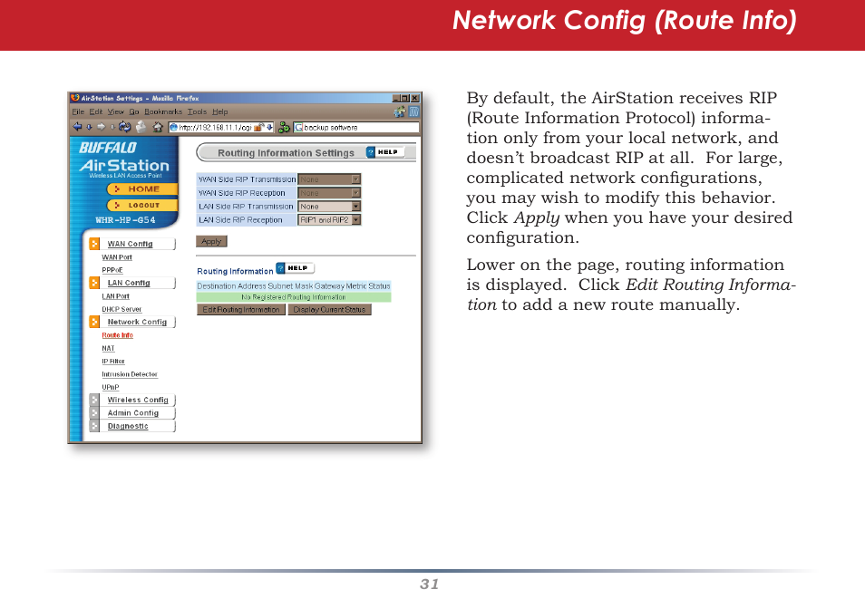 Network config (route info) | Buffalo Technology Buffalo AirStation WHR-HP-G54 User Manual | Page 31 / 91