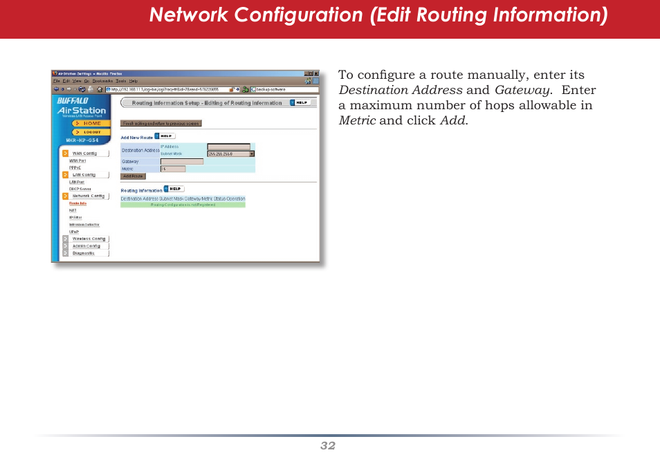 Network configuration (edit routing information) | Buffalo Technology Buffalo AirStation WHR-HP-G54 User Manual | Page 32 / 91