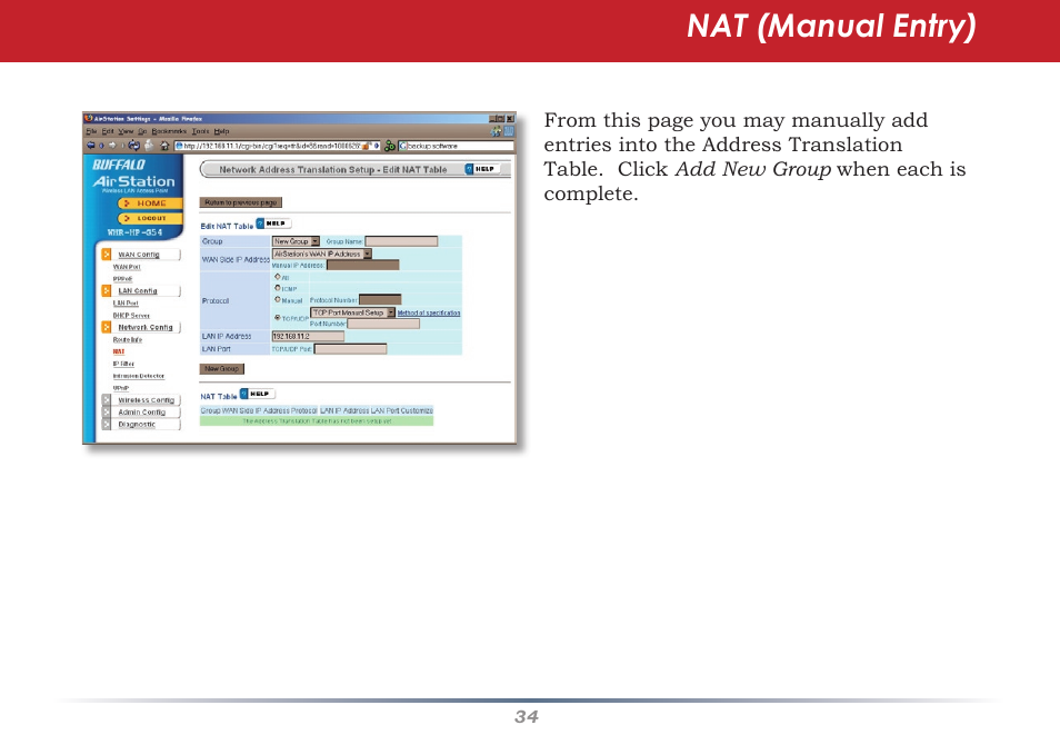 Nat (manual entry) | Buffalo Technology Buffalo AirStation WHR-HP-G54 User Manual | Page 34 / 91
