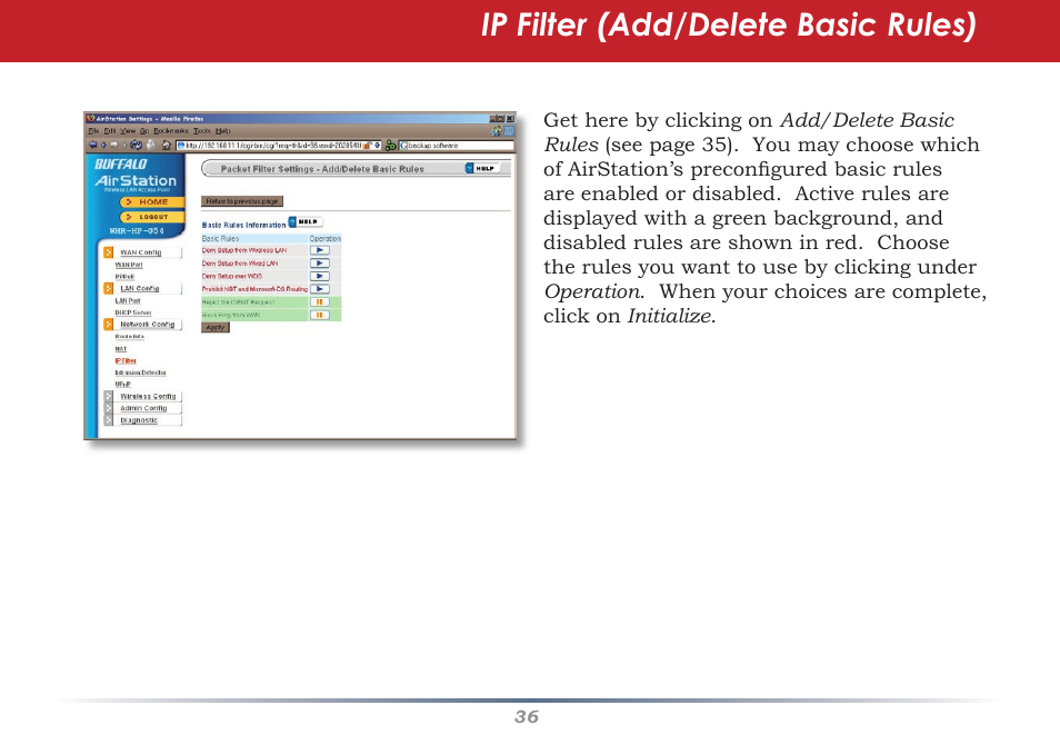 Ip filter (add/delete basic rules) | Buffalo Technology Buffalo AirStation WHR-HP-G54 User Manual | Page 36 / 91