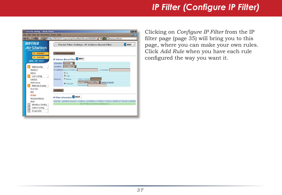 Ip filter (configure ip filter) | Buffalo Technology Buffalo AirStation WHR-HP-G54 User Manual | Page 37 / 91