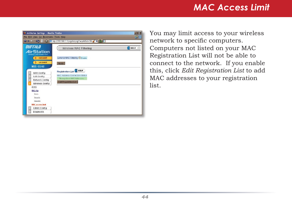 Mac access limit | Buffalo Technology Buffalo AirStation WHR-HP-G54 User Manual | Page 44 / 91