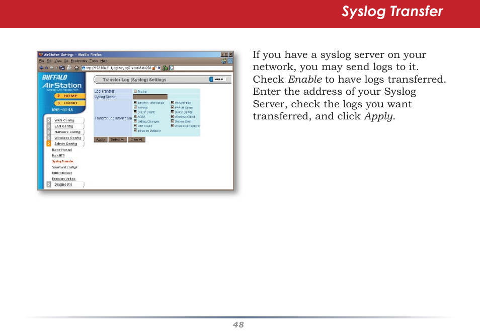 Syslog transfer | Buffalo Technology Buffalo AirStation WHR-HP-G54 User Manual | Page 48 / 91