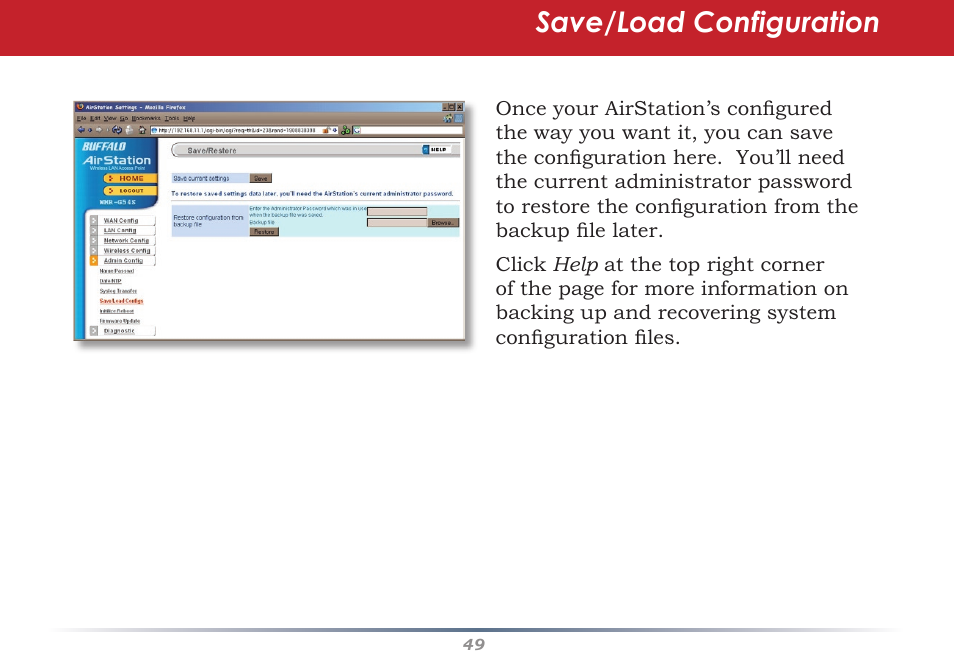 Save/load configuration | Buffalo Technology Buffalo AirStation WHR-HP-G54 User Manual | Page 49 / 91