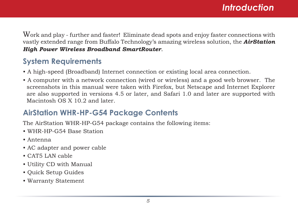 Introduction, System requirements, Airstation whr-hp-g54 package contents | Buffalo Technology Buffalo AirStation WHR-HP-G54 User Manual | Page 5 / 91